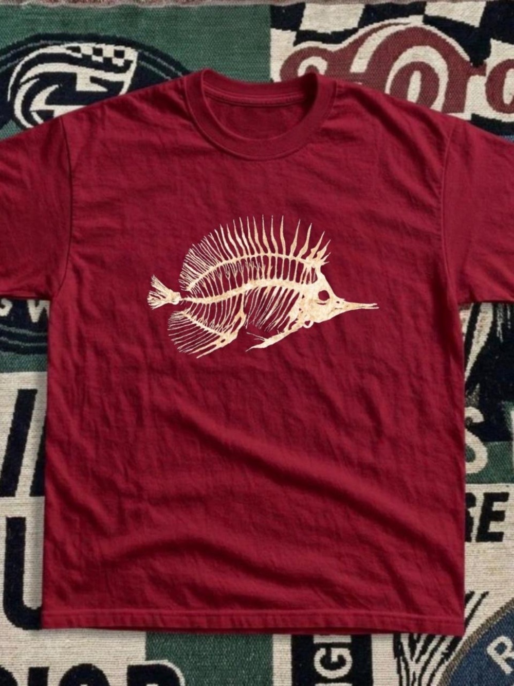 Gildan Red Short-Sleeve Tee with Cream Fish Skeleton Graphic